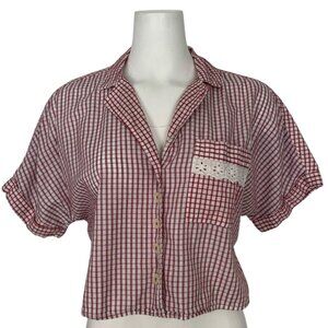 Anthropologie Gingham Boxy Pajama Top Shirt S Red Sleepwear